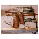 Vintage Die-Cast Toy Cap Guns with Tooled Leather and Western Holsters Lot