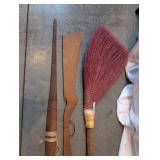 Vintage Wooden Toy Rifle, Stick Hobby Horse, and Handcrafted Straw Broom Set