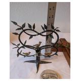 Lot of 3 Religious Decor Items - Metal Crucifix, Fish Plaque, Bird Motif Stand