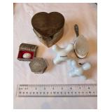 Collection of Vintage Metal Trinket Boxes, Porcelain Faucet Handles, and Silver Tone Brush