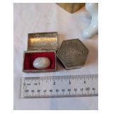 Collection of Vintage Metal Trinket Boxes, Porcelain Faucet Handles, and Silver Tone Brush