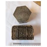 Collection of Vintage Metal Trinket Boxes, Porcelain Faucet Handles, and Silver Tone Brush