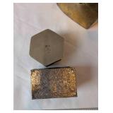 Collection of Vintage Metal Trinket Boxes, Porcelain Faucet Handles, and Silver Tone Brush