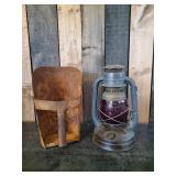 Great Antique Lot Metal Grain Scoop and Dietz Little Wizard Red Globe Barn Lantern