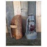 Great Antique Lot Metal Grain Scoop and Dietz Little Wizard Red Globe Barn Lantern