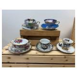 Lot of 6 Mid-Cent. Hand Painted Tea Cups; Moriage Dragon, Gefle Bla Blomstrer Sweden, Enesco Blue Jay & Robin, Lusterware Pink Roses, Royal Sealy Orchid & Napco Orchid