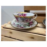 Lot of 6 Mid-Cent. Hand Painted Tea Cups; Moriage Dragon, Gefle Bla Blomstrer Sweden, Enesco Blue Jay & Robin, Lusterware Pink Roses, Royal Sealy Orchid & Napco Orchid