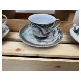 Lot of 6 Mid-Cent. Hand Painted Tea Cups; Moriage Dragon, Gefle Bla Blomstrer Sweden, Enesco Blue Jay & Robin, Lusterware Pink Roses, Royal Sealy Orchid & Napco Orchid