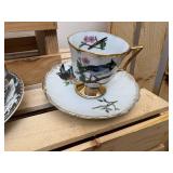 Lot of 6 Mid-Cent. Hand Painted Tea Cups; Moriage Dragon, Gefle Bla Blomstrer Sweden, Enesco Blue Jay & Robin, Lusterware Pink Roses, Royal Sealy Orchid & Napco Orchid