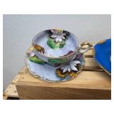 Lot of 6 Mid-Cent. Hand Painted Tea Cups; Moriage Dragon, Gefle Bla Blomstrer Sweden, Enesco Blue Jay & Robin, Lusterware Pink Roses, Royal Sealy Orchid & Napco Orchid