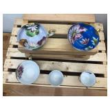 Lot of 6 Mid-Cent. Hand Painted Tea Cups; Moriage Dragon, Gefle Bla Blomstrer Sweden, Enesco Blue Jay & Robin, Lusterware Pink Roses, Royal Sealy Orchid & Napco Orchid