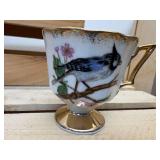 Lot of 6 Mid-Cent. Hand Painted Tea Cups; Moriage Dragon, Gefle Bla Blomstrer Sweden, Enesco Blue Jay & Robin, Lusterware Pink Roses, Royal Sealy Orchid & Napco Orchid