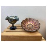Lot of 2: Fenton Carnival Glass Pieces; 6.5" Ribbon Ribbed Amethyst Peacock Tail Bowl & 4" Ribbon Peacock & Urn Cobalt Blue Compote