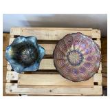 Lot of 2: Fenton Carnival Glass Pieces; 6.5" Ribbon Ribbed Amethyst Peacock Tail Bowl & 4" Ribbon Peacock & Urn Cobalt Blue Compote