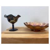Lot of 2: Fenton Carnival Glass Pieces; 6.5" Ribbon Ribbed Amethyst Peacock Tail Bowl & 4" Ribbon Peacock & Urn Cobalt Blue Compote