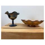Lot of 2: Fenton Carnival Glass Pieces; 6.5" Ribbon Ribbed Amethyst Peacock Tail Bowl & 4" Ribbon Peacock & Urn Cobalt Blue Compote