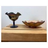 Lot of 2: Fenton Carnival Glass Pieces; 6.5" Ribbon Ribbed Amethyst Peacock Tail Bowl & 4" Ribbon Peacock & Urn Cobalt Blue Compote
