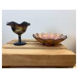 Lot of 2: Fenton Carnival Glass Pieces; 6.5" Ribbon Ribbed Amethyst Peacock Tail Bowl & 4" Ribbon Peacock & Urn Cobalt Blue Compote