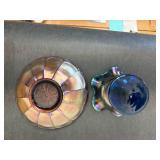 Lot of 2: Fenton Carnival Glass Pieces; 6.5" Ribbon Ribbed Amethyst Peacock Tail Bowl & 4" Ribbon Peacock & Urn Cobalt Blue Compote
