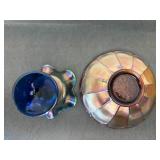 Lot of 2: Fenton Carnival Glass Pieces; 6.5" Ribbon Ribbed Amethyst Peacock Tail Bowl & 4" Ribbon Peacock & Urn Cobalt Blue Compote