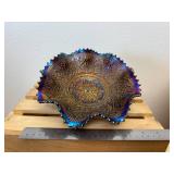 8" Fenton Cobalt Blue Scalloped Ribboned Patterned Hearts & Vines Carnival Glass  Bowl