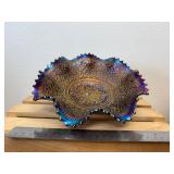 8" Fenton Cobalt Blue Scalloped Ribboned Patterned Hearts & Vines Carnival Glass  Bowl