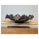 8" Fenton Cobalt Blue Scalloped Ribboned Patterned Hearts & Vines Carnival Glass  Bowl