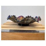8" Fenton Cobalt Blue Scalloped Ribboned Patterned Hearts & Vines Carnival Glass  Bowl