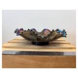 8" Fenton Cobalt Blue Scalloped Ribboned Patterned Hearts & Vines Carnival Glass  Bowl