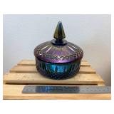 6" Indian Glass Princess Blue Iridescent Carnival Glass Candy Dish with Lid