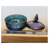 6" Indian Glass Princess Blue Iridescent Carnival Glass Candy Dish with Lid