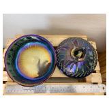 6" Indian Glass Princess Blue Iridescent Carnival Glass Candy Dish with Lid