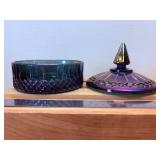 6" Indian Glass Princess Blue Iridescent Carnival Glass Candy Dish with Lid