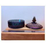 6" Indian Glass Princess Blue Iridescent Carnival Glass Candy Dish with Lid