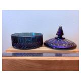 6" Indian Glass Princess Blue Iridescent Carnival Glass Candy Dish with Lid