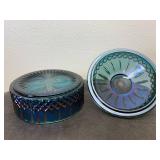 6" Indian Glass Princess Blue Iridescent Carnival Glass Candy Dish with Lid