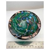 4.5" Italian Art Glass Bowl Made After the Murano "Tutti Frutti" Green Glass with Designs Incorporated Within the Glass and Hand Painted Exterior