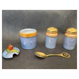 Lot of 7: 3 pc. Noritake Hand painted Lusterware Sugar Cup w/ Lid & Spoon, Salt & Pepper Shakers, 2" Crystal Church, 1" Laser Etched Ocean Scene Lucite, 2" 1970
