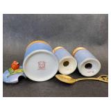 Lot of 7: 3 pc. Noritake Hand painted Lusterware Sugar Cup w/ Lid & Spoon, Salt & Pepper Shakers, 2" Crystal Church, 1" Laser Etched Ocean Scene Lucite, 2" 1970