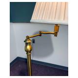 Vintage Heavy Brass Swing Arm Floor Lamp with Peated Shade - Working - Original electrical 50" Tall to the top of the finial