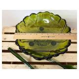 11" Vintage Indiana Glass avocado green footed serving bowl in the "Sunflower"  pattern, paired with  Lucite Matching Serving Utensils