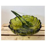 11" Vintage Indiana Glass avocado green footed serving bowl in the "Sunflower"  pattern, paired with  Lucite Matching Serving Utensils
