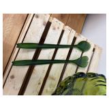 11" Vintage Indiana Glass avocado green footed serving bowl in the "Sunflower"  pattern, paired with  Lucite Matching Serving Utensils