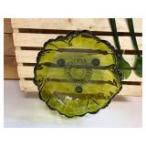 11" Vintage Indiana Glass avocado green footed serving bowl in the "Sunflower"  pattern, paired with  Lucite Matching Serving Utensils