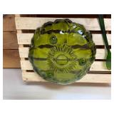 11" Vintage Indiana Glass avocado green footed serving bowl in the "Sunflower"  pattern, paired with  Lucite Matching Serving Utensils