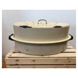 Vintage 17" x 12" Cream & Green  Enamelware Roasting Pan
