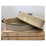 Vintage 17" x 12" Cream & Green  Enamelware Roasting Pan