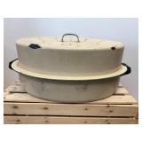 Vintage 17" x 12" Cream & Green  Enamelware Roasting Pan