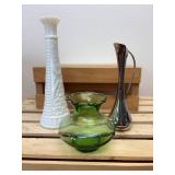 3 Single Flower Vases, Milk Glass, Green Glass & Silver Plated