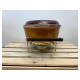 Vintage 045 Pyrex 2.5qt oval "Old Orchard" with 945-032 lid and warming stand